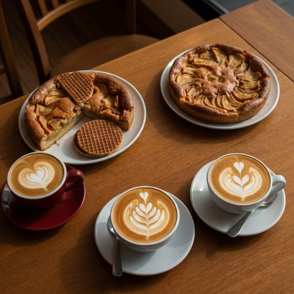 Specialty coffee with latte art beside a slice of homemade Dutch apple cake