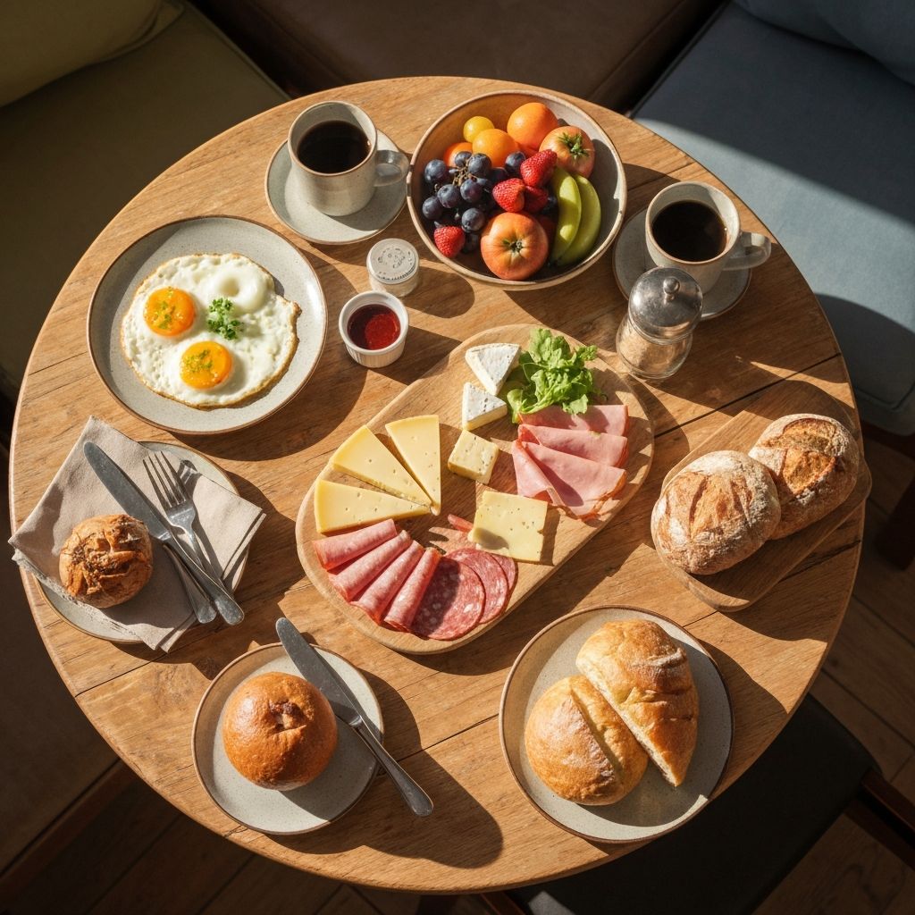 A hearty Dutch all-day breakfast spread with eggs, bread, cheese, and coffee