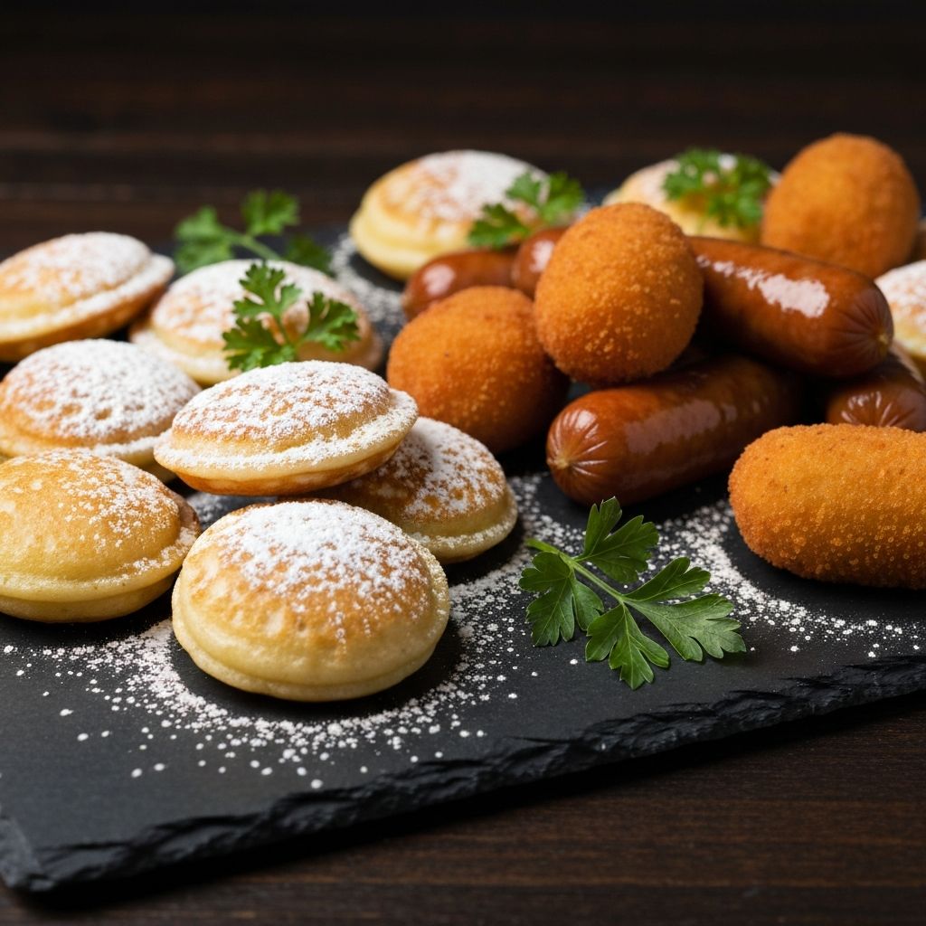 Traditional Dutch snacks including poffertjes, kroket, and frikandel on a board