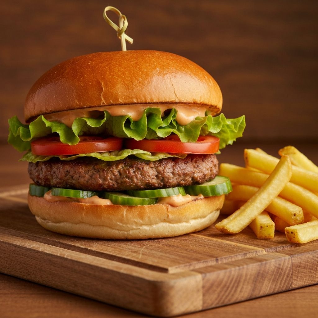 A gourmet Dutch shoarma burger on a brioche bun served with fries